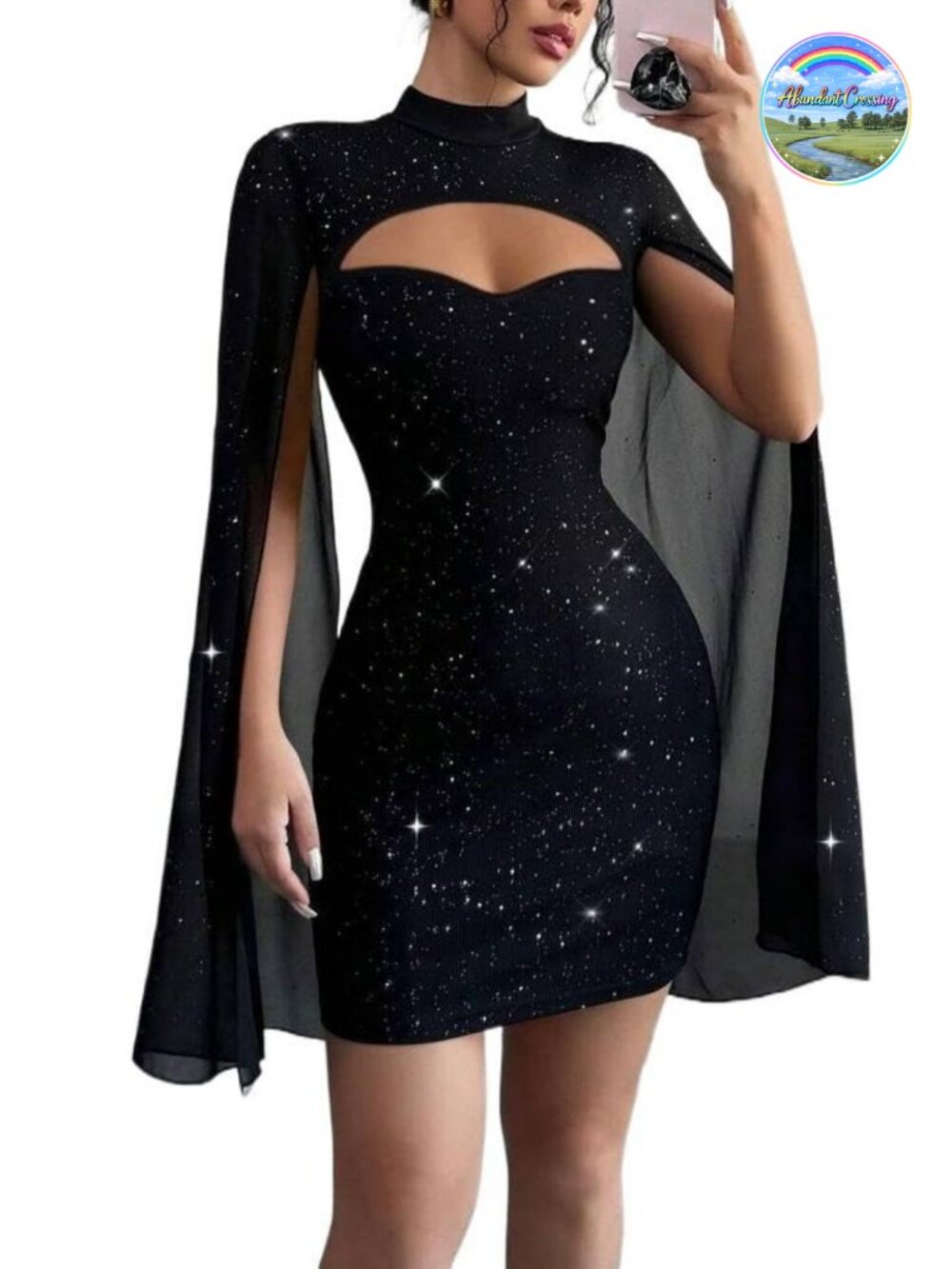 Sequin Cloak Sleeve Bodycon Mini Dress Mock Neck Cocktail Party
